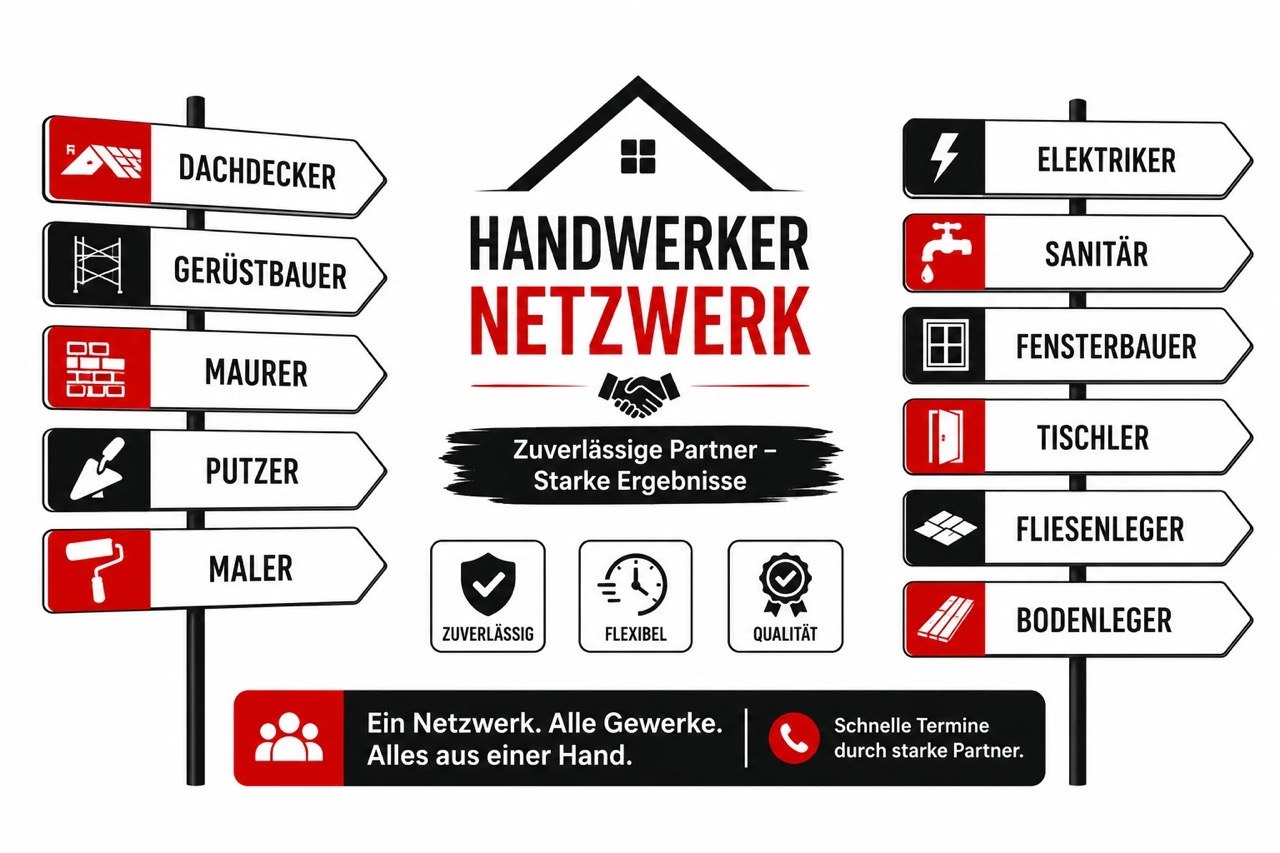 Handwerker-Netzwerk mit zuverlässigen Fachbetrieben für Dachdecker, Elektriker, Sanitär, Gerüstbau, Fliesenleger, Bodenleger und weitere Gewerke.
