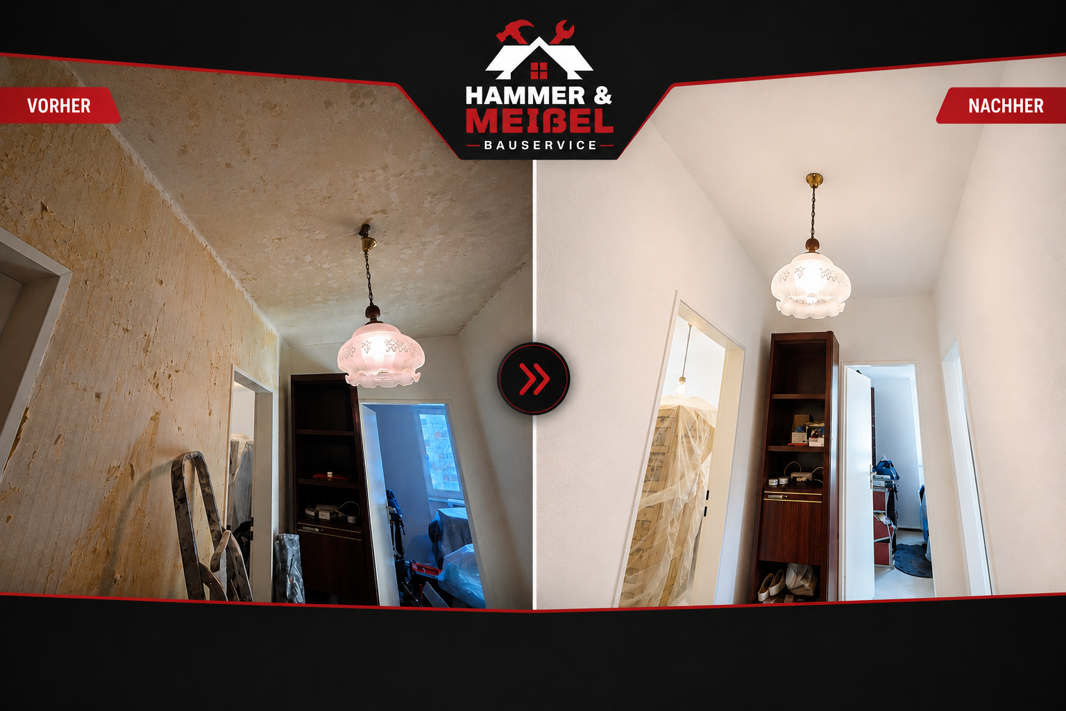 Vorher-Nachher Wand- und Deckengestaltung mit Spachtelarbeiten und Renovierung von Hammer & Meißel Bauservice

