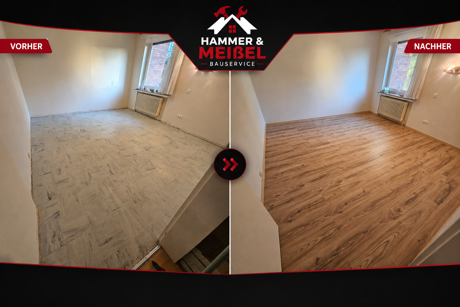 Vorher-Nachher Bodenverlegung mit Laminat durch Hammer & Meißel Bauservice – professionelle Bodenrenovierung
