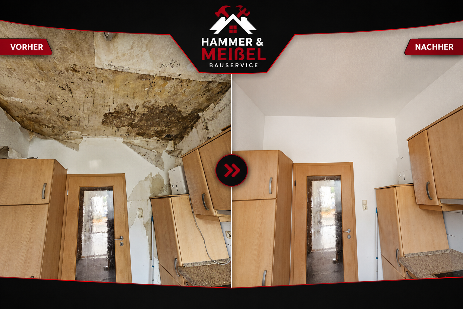 Vorher-Nachher Bautenschutz bei Feuchtigkeitsschaden – Decken- und Wandsanierung durch Hammer & Meißel Bauservice