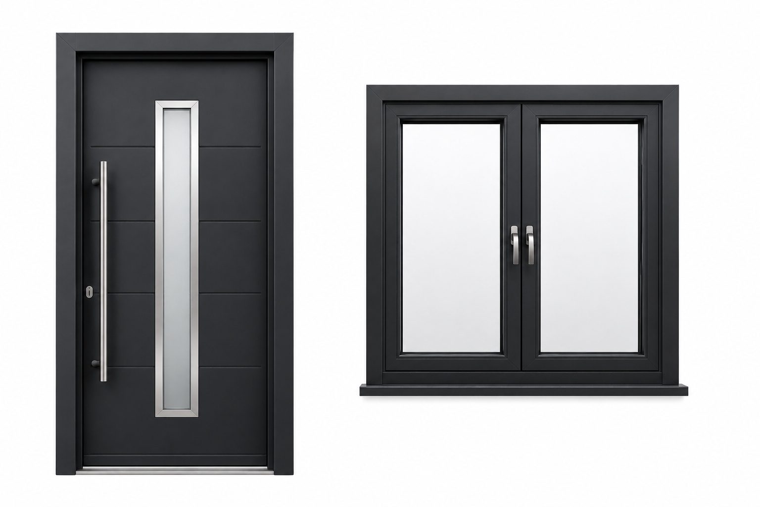 Moderne Haustür und anthrazitfarbenes Fenster – professionelle Tür- und Fenstermontage durch Hammer & Meißel Bauservice.
